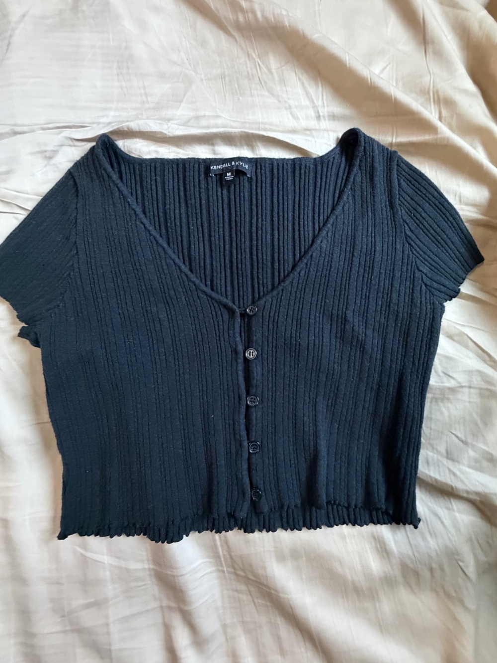 Black Ribbed Button-Front Crop Top